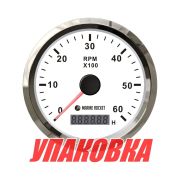 Тахометр 0-6000 об/мин со счетчиком моточасов делитель 0.5-250, белый циферблат, нержавеющий ободок, Marine Rocket (упаковка из 30 шт.)