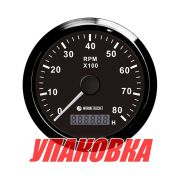 Тахометр 0-8000 об/мин со счетчиком моточасов делитель 1-10, черный циферблат, черный ободок, Marine Rocket (упаковка из 8 шт.)